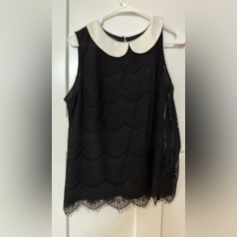 INC International Concepts Black Lace Blouse with White Collar